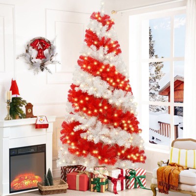 Yukimo 6ft Candy Cane Artificial Christmas Tree with 300 LED Lights, Pre-Lit Red and White Xmas Tree with 900 Bendable Branches