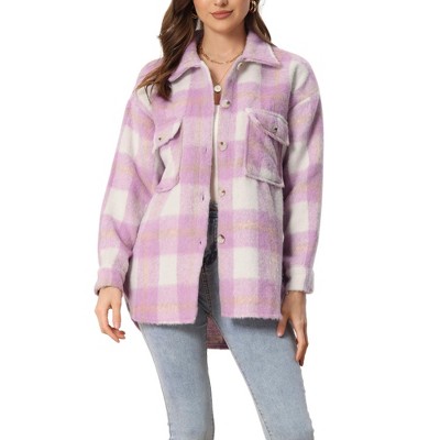 Allegra K Women's Plaid Flap Collar Button Front Pockets Shirt Jackets