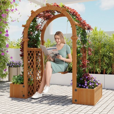 Wood Garden Arbor with Planter Boxes and Swing Outdoor Arch Trellis with Pergola for Climbing Plants Vines Grapes Backyard Wedding Party Decor