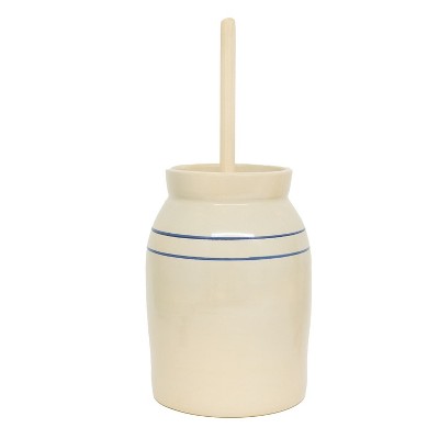 Martinez Pottery Butter Churn, Hand-Turned Stoneware Dasher-Style Churn, Natural Stone Color with Blue Stripes