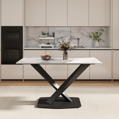 55" Modern 6-Seater Rectangular Dining Table, Sintered Stone Kitchen Table with Black X-Leg Metal Base – Koiai