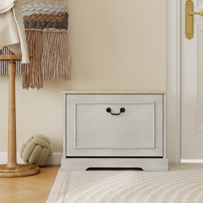 Lyngins Antique White Shoe Bench, Entryway Bench with Flip-Top Drawer & Adjustable Shelves, Storage Bench for Hallway & LivingRoom