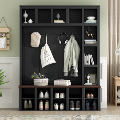 TIRAMISUBEST Farmhouse Wooden Style Hall Tree- Black Entryway Organizer