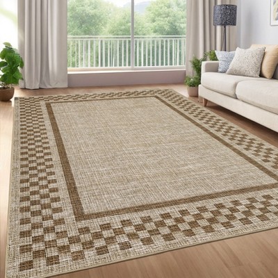 Washable Area Rug Modern Bordered Rugs for Living Room Bedroom Soft Low Pile Non Slip Geometric Checkered Carpet