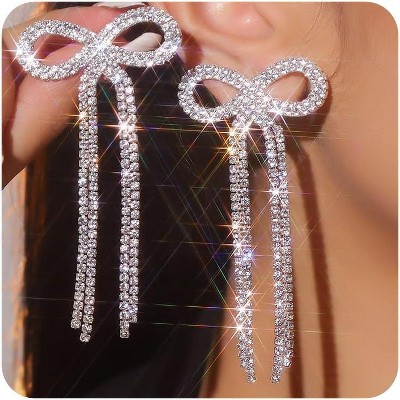 Women Bridal Silver Bow Rhinestone Earrings Dangling for Women Chandelier Statement Tassel Earrings Sparkly Drop Crystal Earrings Halloween