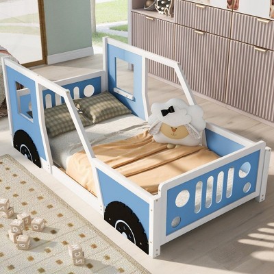 CAVINAS Twin/Full Size Platform Bed with Wheels and Guardrails,Car-Shaped Bed Frame,Box Spring Not Required,Assembly Required,Blue/White