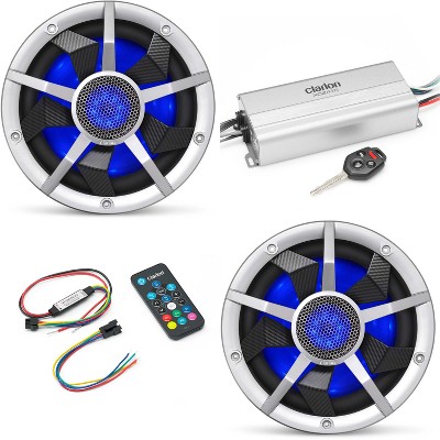 Clarion Marine 4 Channel Amp & (2) 10" Silver Grill Boat Audio Upgrade Bundle ( Includes LED Remote )