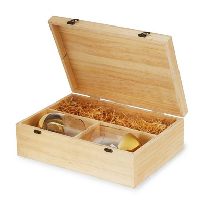 Twine Wine Bottle Gift Box - Wood Wine Box with Lid, 2 Stemless Wine Glasses, and Packing Straw - Holds 1 Standard Bottle of Champagne or Wine