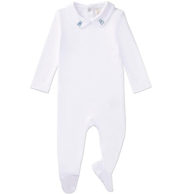 MiniMe Baby and Toddler 100% Pima Cotton Peter Pan Collar Footie with Teddy Bear Embroidery