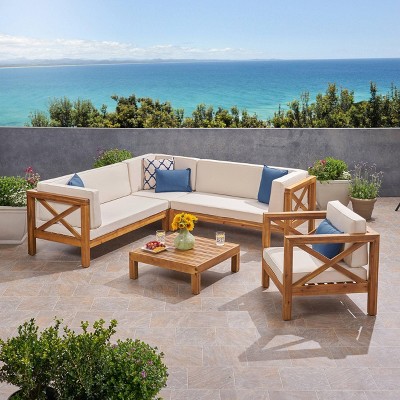 Brava 5pc Acacia Wood Sectional Sofa & Club Chair Set - Teak/Beige - Christopher Knight Home