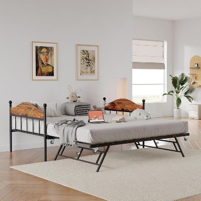 TackView Twin Daybed with Pop-Up Trundle, Metal Frame with Stylish Headboard, Heavy Duty Steel Slats Platform, Convertible Sofa Bed