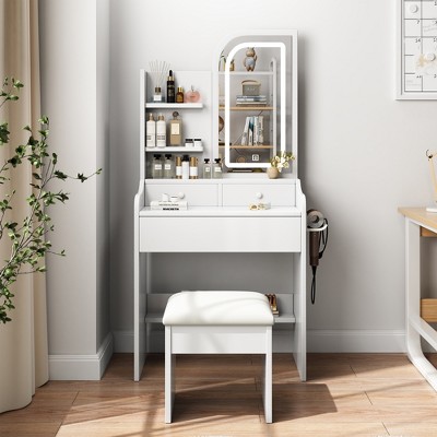 Makeup Vanity Desk Vanity Table Dressing Table with Chair, 3-Mode Lighted Mirror, Drawers & Open Shelves, White - ModernLuxe
