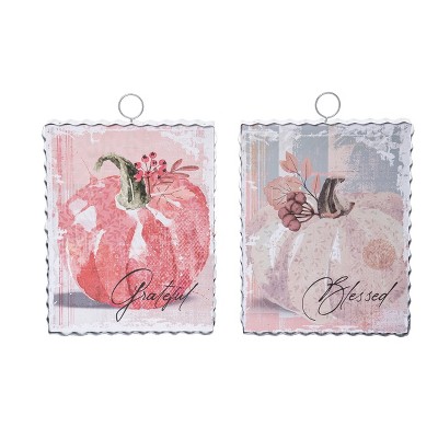 Transpac Set of 2 Watercolor Pumpkin Wall Decor MDF Metal Paper Fall Harvest Home Decorations