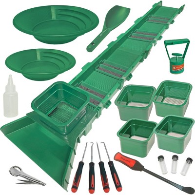 Sluice Box Compact Gold Panning Kit; portable sluice box and 5 classifier sifting pans; huntley spoon; paydirt scoop