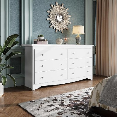 GALAXHERO 6 Drawers Modern Storage Dresser, Wide Wood Chest for Bedroom or Living Room, Long Nightstand Organizer Unit, 59inch White Cabinet