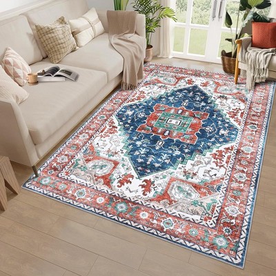 Vintage Area Rug, Distressed  Low Pile Non-Slip Washable Carpet for Living Room, Bedroom, Dining Room, Kitchen