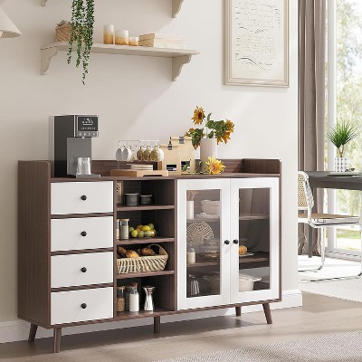Sideboard Buffet Cabinet, 55" Kitchen Storage Cupboard with Drawer & Glass Doors, Freestanding Pantry Cabinet, Tall Coffee Bar Table with Shelves