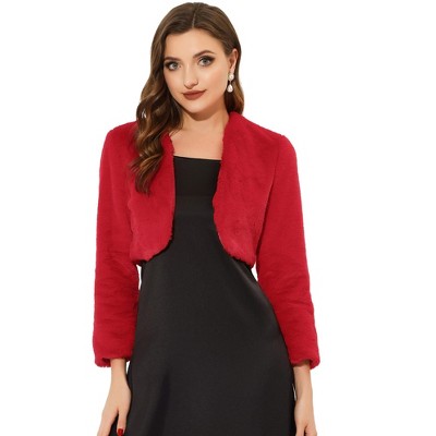 Allegra K Women's Cropped Open Front Collarless Faux Fur Jacket