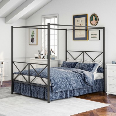 Queen/Full Size Metal Canopy Bed Frame, Platform Bed Frame with X Shaped Headboard and Slat Support, Black -ModernLuxe