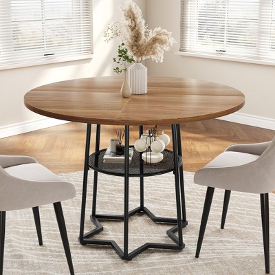Round Dining Table for 4, 38.6 Inch Wood Dining Room Table with Storage Shelf