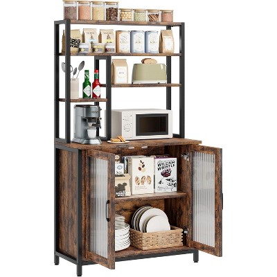 Acekool 5-Tier Bakers Rack with Cabinet, Kitchen Storage Shelf, Microwave Stand, Coffee Bar with Hooks and Adjustable Feet, Retro color