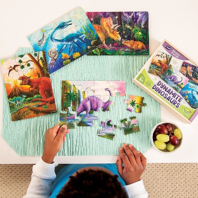 Peaceable Kingdom Dynamite Dinosaurs 4-in-1 Wooden Jigsaw Puzzles in a Wooden Storage Box, Dinosaur Puzzle, Educational Girls Boys (48 Pieces Total)
