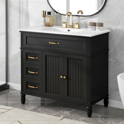 Modern Bathroom Vanity with Ceramic Sink, Bathroom Cabinet with Drawers, Solid Acacia Wood Frame and MDF Board - ModernLuxe