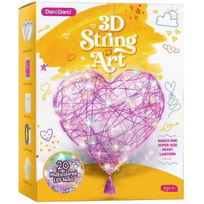 Dan&Darci 3D String Art Kit – Super-Size Heart Lantern with 20 Multicolored LED Bulbs, Grippy-Goo Glue, Multicolor Craft String – 18"x18"