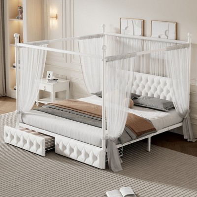 King/Queen Size Metal Canopy Platform Bed Frame with Upholstered Headboard and Two Storage Drawers, White -ModernLuxe