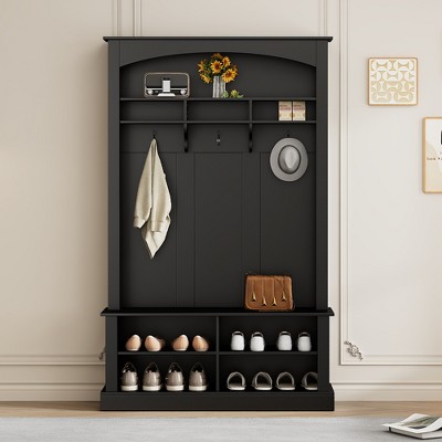 Whisen Freestanding Hall Tree with Shoe Bench, Storage Shelves and 3 Hanging Hooks