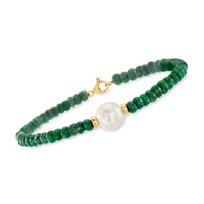 Ross-Simons Cultured Pearl and 26.00 ct. t.w. Emerald Bead Bracelet in 14kt Yellow Gold