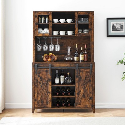 70 Inch Tall Wine Bar Cabinet,Modern Wood Fluted Design,Tall Sideboard Buffet with Sliding Barn Door