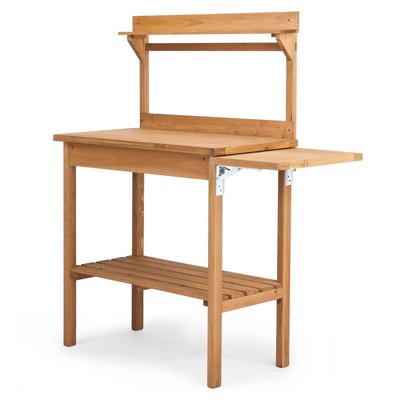 Outdoor Fir Wood Garden Potting Bench With Side Panels And Decorative Top Shelf