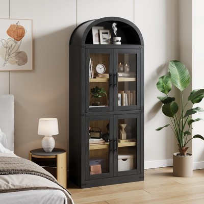 ODK Arched Bookshelf with Doors and Drawers, 71.4" Farmhouse Bookcase, 15.83" Deep Wooden Display Cabinet,Rounded Bookcase for Living Room,Bedroom