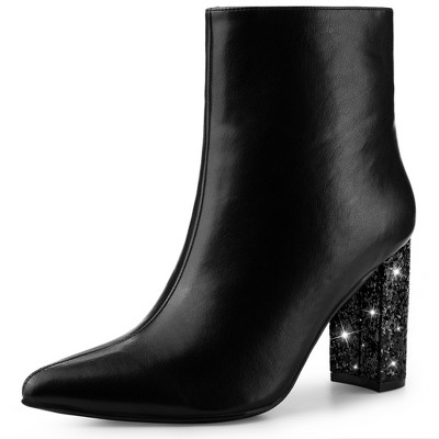 Perphy Women's Fashion Pointy Toe Zipper Sparkly Glitter Chunky Heels Ankle Boots