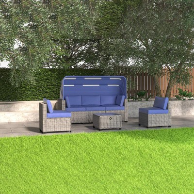 Gulches 6 Pieces Patio Furniture Sets, Outdoor Rattan Daybed with Retractable Canopy  for  Garden