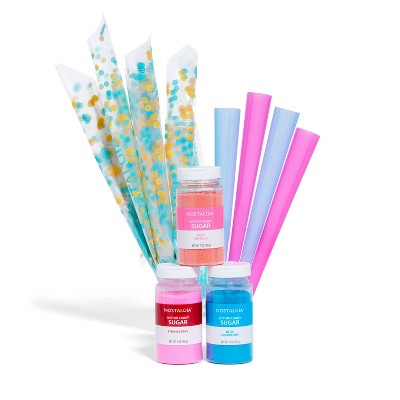 Cotton Candy Party Kit - Pink Vanilla, Blue Raspberry, Strawberry Flossing Sugars (7 oz. each) with Reusable Cones and Twist Ties