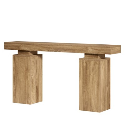 Resenkos Modern Console Table with Geometric Base, Minimalist Entryway Sofa Side Table for Living Room, Natural Wood Finish Brown