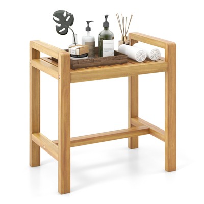 Tangkula Teak Wood Shower Bench Solid Wood Stool for Inside Shower Shaving Legs Natural