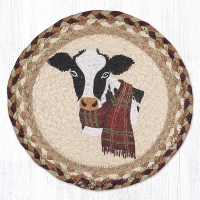 Earth Rugs Winter Cow Round Trivet – 10" Holiday Cow Print on Braided Natural Jute Table Mat
