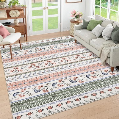 Coucheta Area Rug Low Pile Non-Slip, Modern Floral Boho Accent Carpet Fade-Resistant for Living Room Bedroom Nursery,Multi-Color & Size