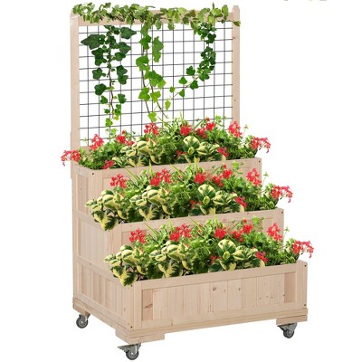 Okak Wood Raised Garden Bed with Trellis for Climbing Plants, Grape Vines & Vegetables, Drainage Holes, Legs, Patio & Outdoor