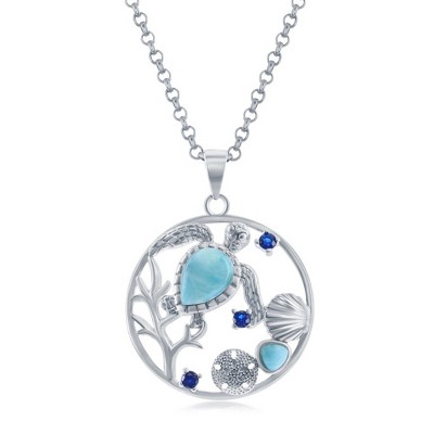 Caribbean Treasures Sterling Silver, Turtle, Seashell, Sand Dollar, Larimar & CZ 18" Pendant Necklace - Blue