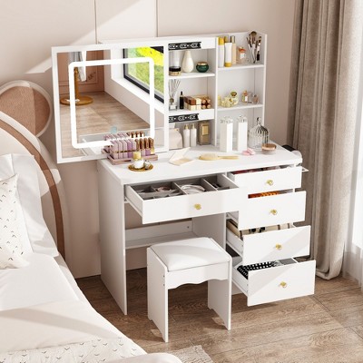 Famapy White Vanity Table Set With Stool,Lighted Makeup Mirror and Charging Station Makeup Vanity Desk Dressing Table Organizer Makeup Vanity Set