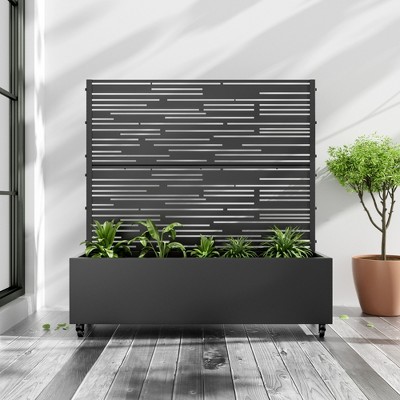 SpassWay Black Metal Planter Box with Trellis Raised Garden Bed with Arbor Privacy Screen with Wheels