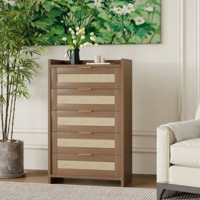 Rattan Accent 5-Drawer Dresser with Gold Handles, 45" Tall Wood Storage Chest Organizer for Bedroom and Closet