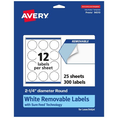 Avery Matte White Removable Round Labels with Sure Feed Technology, Print-to-the-Edge, 2.25" diameter