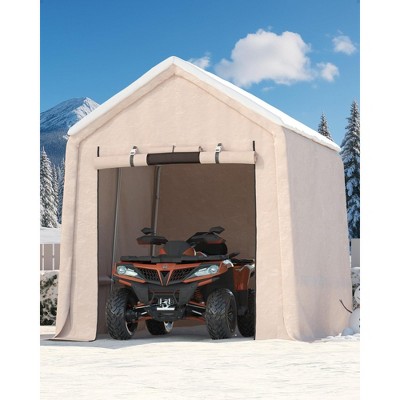 10x10FT Outdoor Storage Shed Carport with  Roll-Up Zipper Door, Portable Garage Storage Shelter Heavy Duty Waterproof PE Tarp for Bike, ATV, Khaki