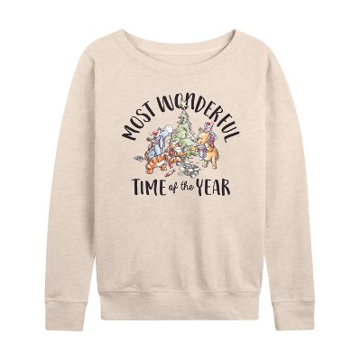 Women's - Winnie the Pooh - Christmas Most Wonderful Time of the Year Lightweight French Terry Wide Neck Long Sleeve Graphic Shirt