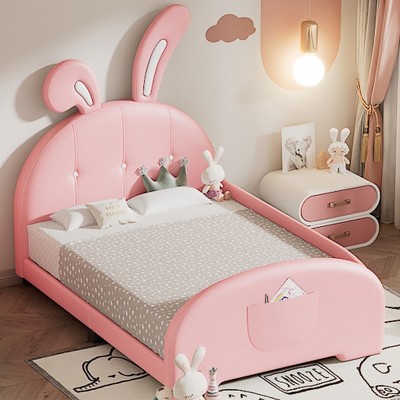 Cute Twin Size Upholstered Princess Bed,Platform Bed with Rabbit-Shape Headboard and Footboard,for Kids Toddlers Boys Girls Bedroom Use